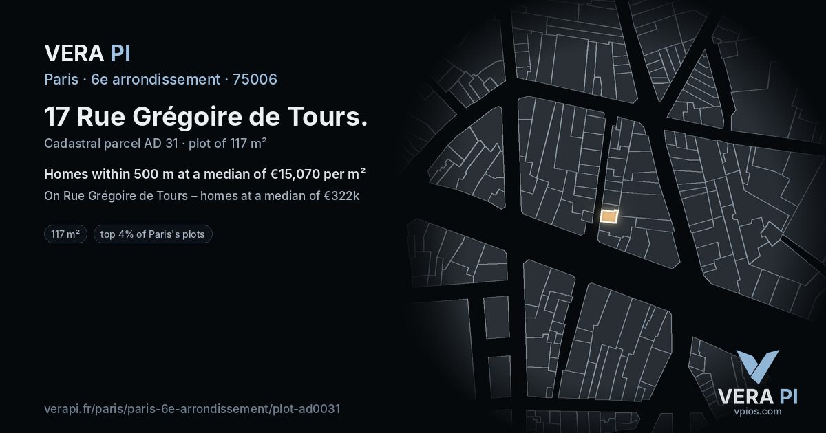 17 Rue Grégoire de Tours, 6e arrondissement at night – the plot lit, the parcels around coloured by the prices near them