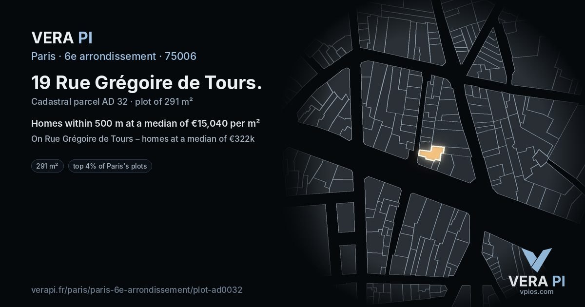 19 Rue Grégoire de Tours, 6e arrondissement at night – the plot lit, the parcels around coloured by the prices near them