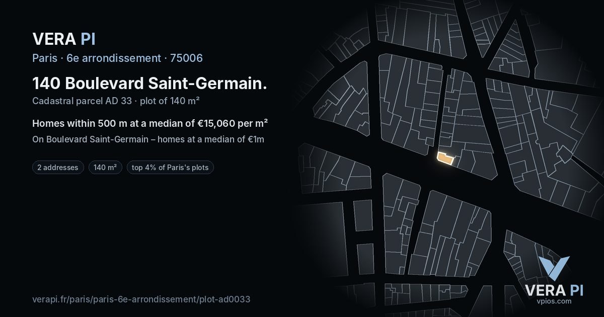140 Boulevard Saint-Germain, 6e arrondissement at night – the plot lit, the parcels around coloured by the prices near them