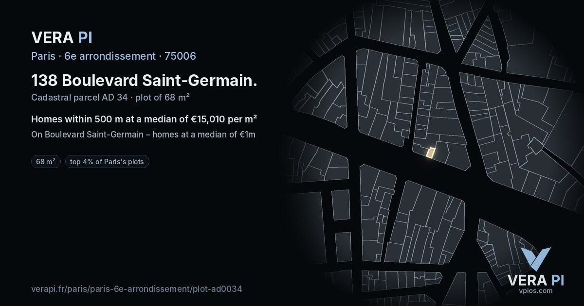 138 Boulevard Saint-Germain, 6e arrondissement at night – the plot lit, the parcels around coloured by the prices near them