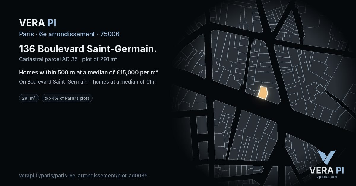 136 Boulevard Saint-Germain, 6e arrondissement at night – the plot lit, the parcels around coloured by the prices near them