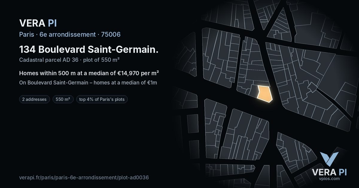 134 Boulevard Saint-Germain, 6e arrondissement at night – the plot lit, the parcels around coloured by the prices near them