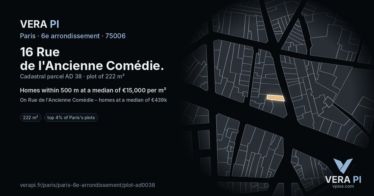 16 Rue de l'Ancienne Comédie, 6e arrondissement at night – the plot lit, the parcels around coloured by the prices near them