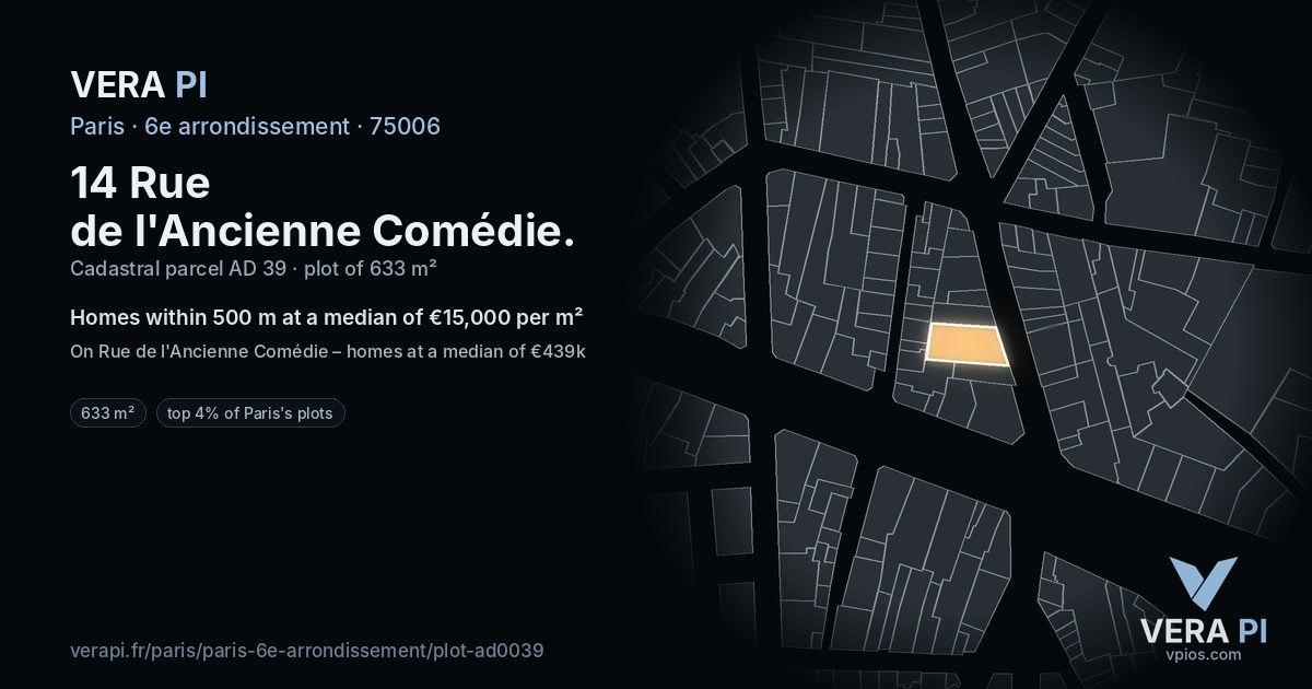 14 Rue de l'Ancienne Comédie, 6e arrondissement at night – the plot lit, the parcels around coloured by the prices near them