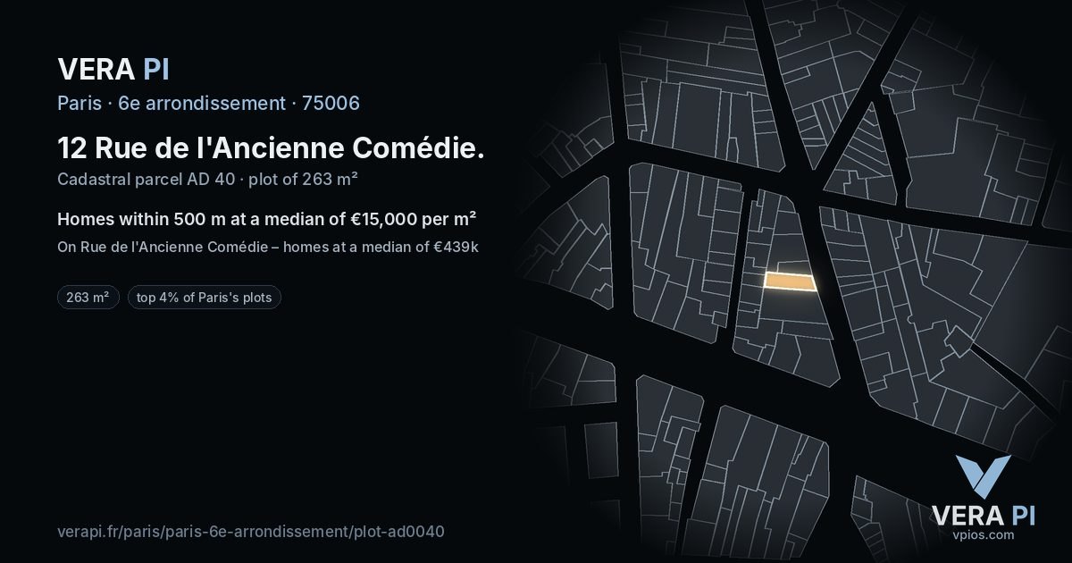 12 Rue de l'Ancienne Comédie, 6e arrondissement at night – the plot lit, the parcels around coloured by the prices near them
