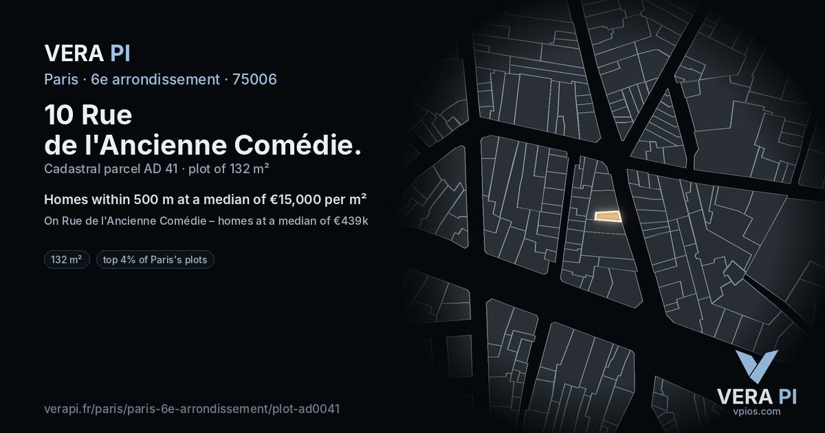 10 Rue de l'Ancienne Comédie, 6e arrondissement at night – the plot lit, the parcels around coloured by the prices near them