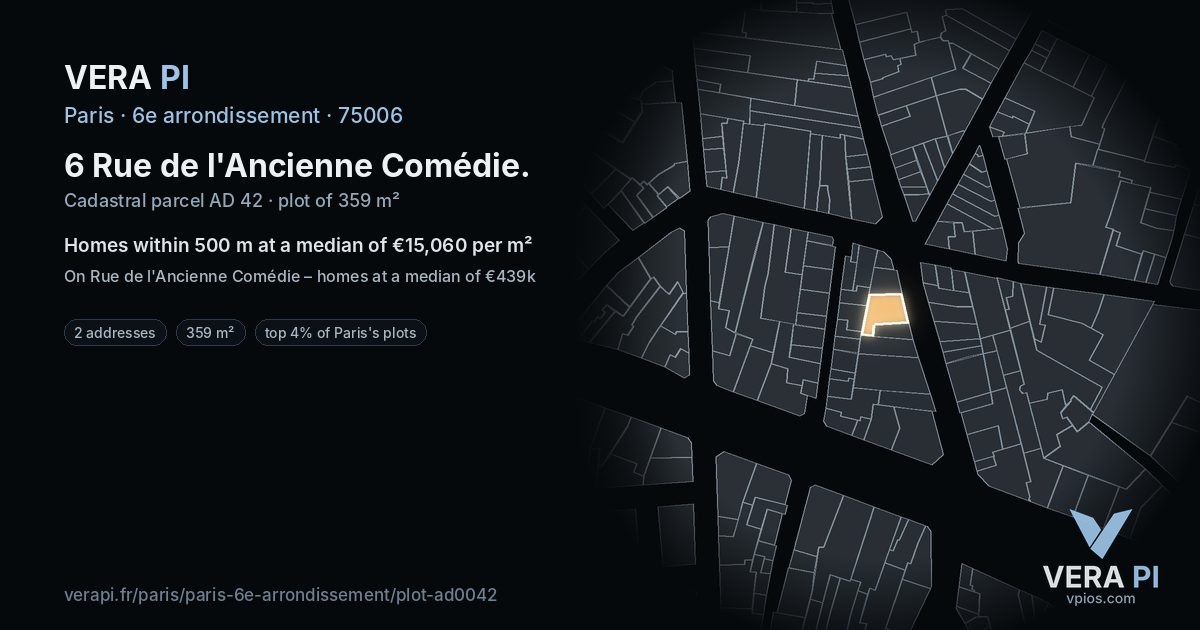 6 Rue de l'Ancienne Comédie, 6e arrondissement at night – the plot lit, the parcels around coloured by the prices near them