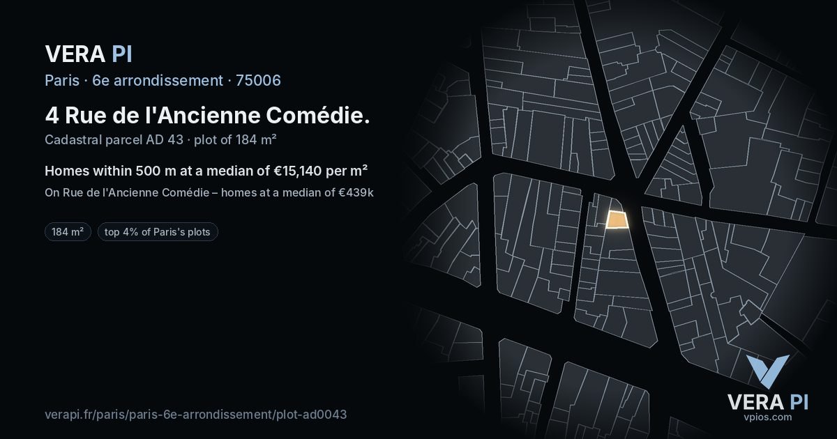 4 Rue de l'Ancienne Comédie, 6e arrondissement at night – the plot lit, the parcels around coloured by the prices near them