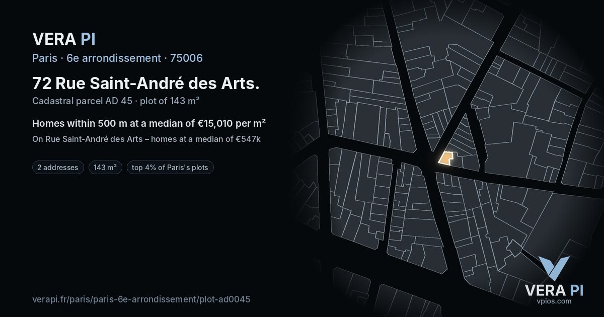 72 Rue Saint-André des Arts, 6e arrondissement at night – the plot lit, the parcels around coloured by the prices near them