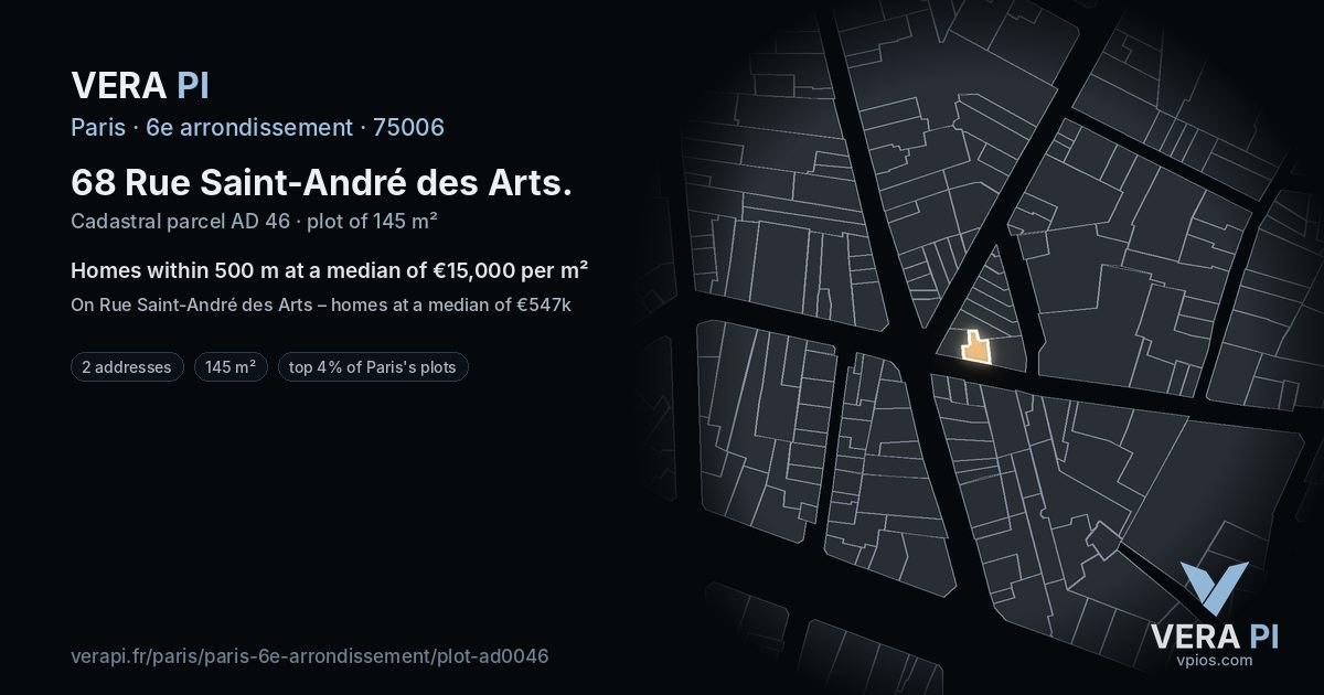 68 Rue Saint-André des Arts, 6e arrondissement at night – the plot lit, the parcels around coloured by the prices near them