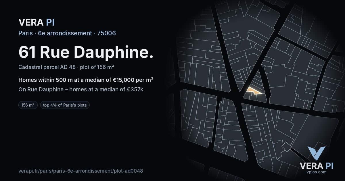 61 Rue Dauphine, 6e arrondissement at night – the plot lit, the parcels around coloured by the prices near them