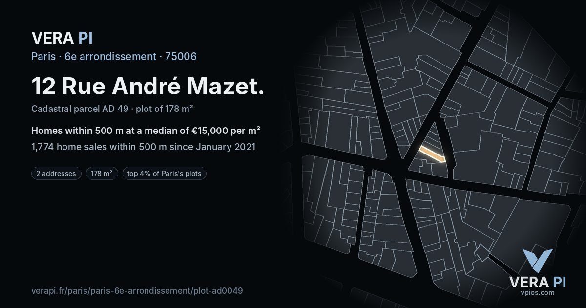 12 Rue André Mazet, 6e arrondissement at night – the plot lit, the parcels around coloured by the prices near them