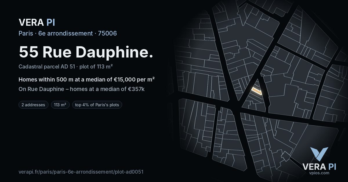 55 Rue Dauphine, 6e arrondissement at night – the plot lit, the parcels around coloured by the prices near them