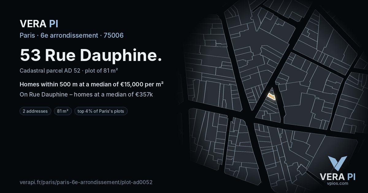 53 Rue Dauphine, 6e arrondissement at night – the plot lit, the parcels around coloured by the prices near them