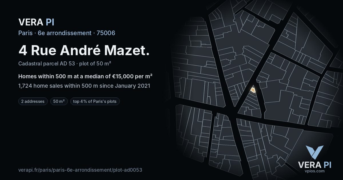 4 Rue André Mazet, 6e arrondissement at night – the plot lit, the parcels around coloured by the prices near them
