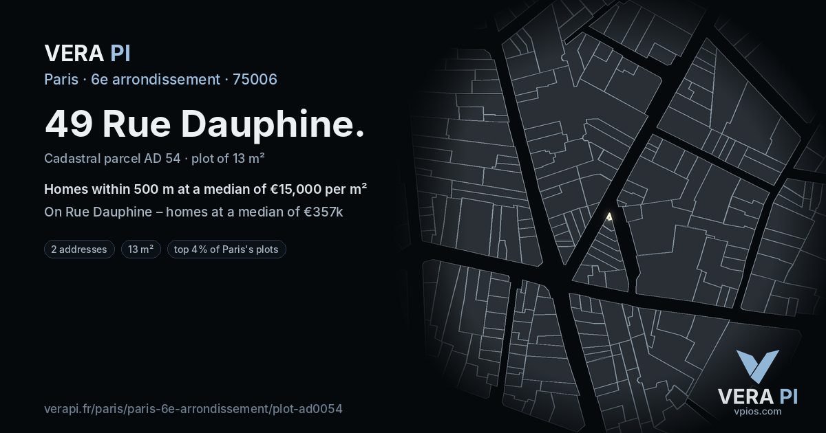 49 Rue Dauphine, 6e arrondissement at night – the plot lit, the parcels around coloured by the prices near them