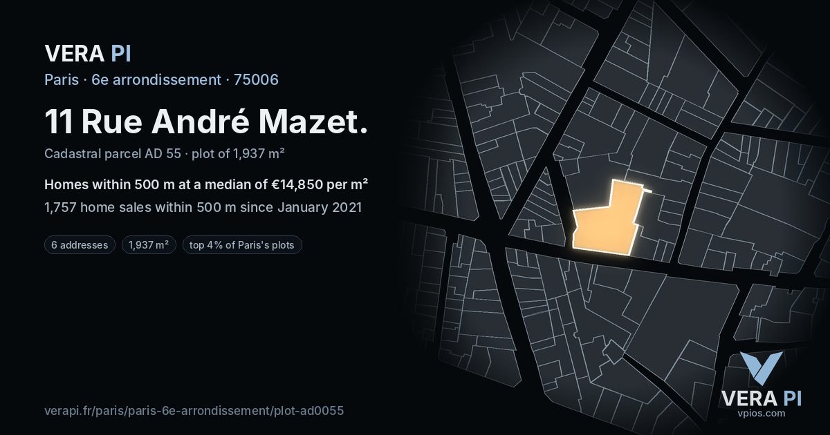 11 Rue André Mazet, 6e arrondissement at night – the plot lit, the parcels around coloured by the prices near them