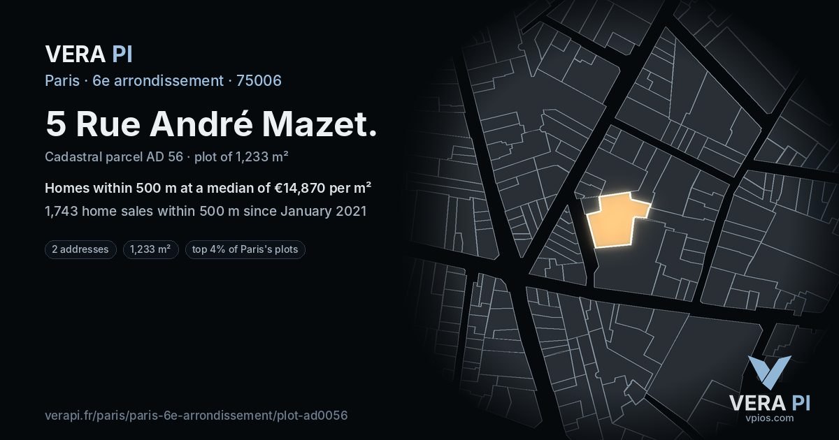 5 Rue André Mazet, 6e arrondissement at night – the plot lit, the parcels around coloured by the prices near them