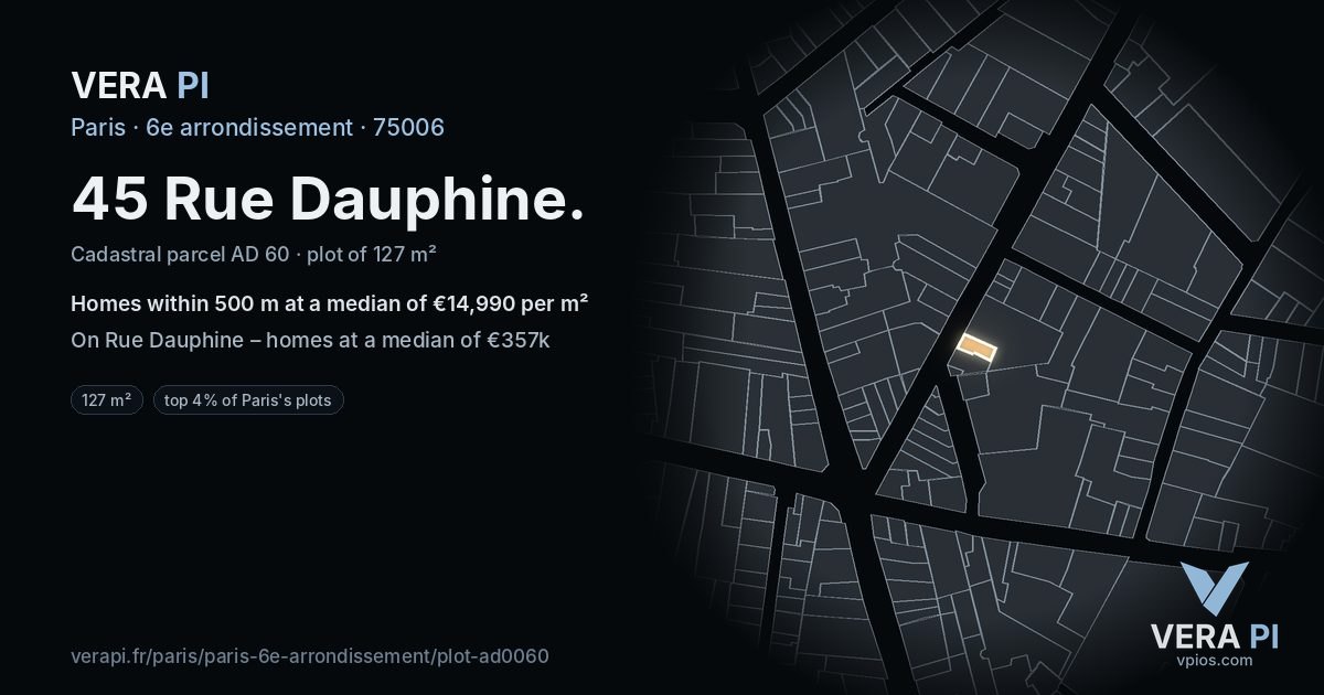 45 Rue Dauphine, 6e arrondissement at night – the plot lit, the parcels around coloured by the prices near them