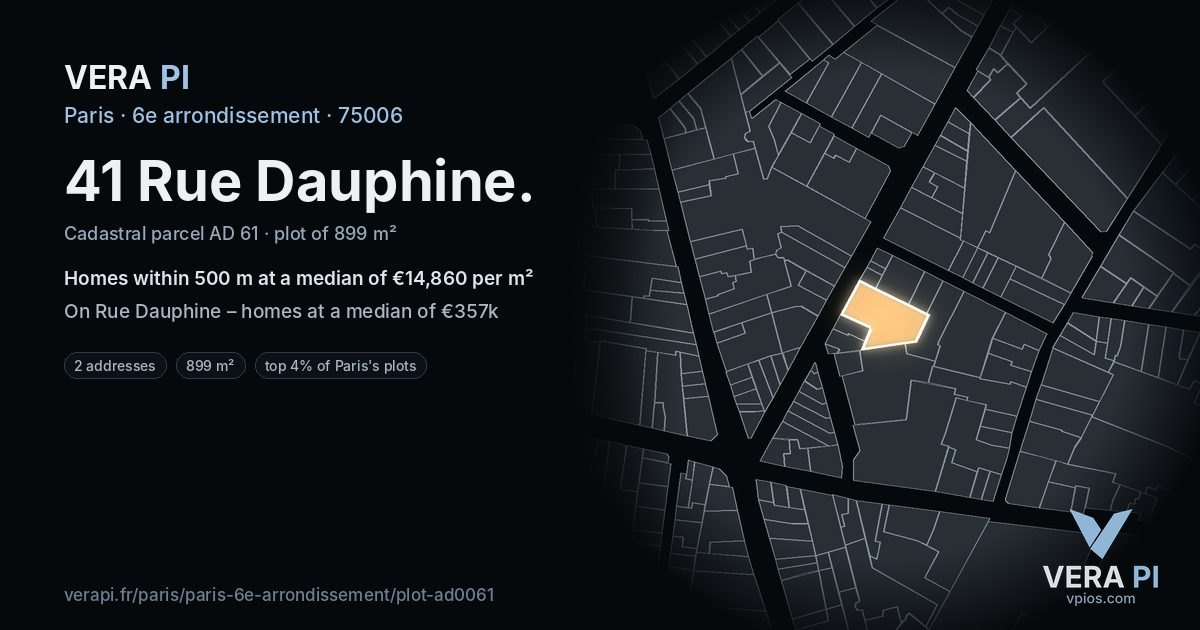 41 Rue Dauphine, 6e arrondissement at night – the plot lit, the parcels around coloured by the prices near them
