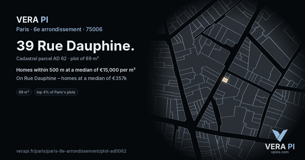 39 Rue Dauphine, 6e arrondissement at night – the plot lit, the parcels around coloured by the prices near them