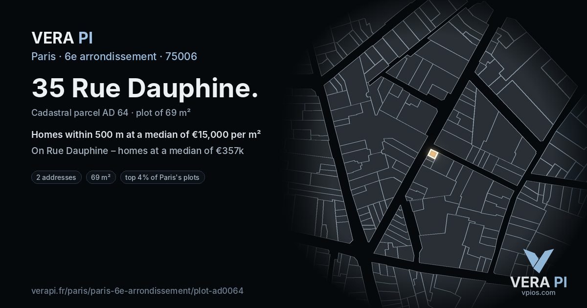 35 Rue Dauphine, 6e arrondissement at night – the plot lit, the parcels around coloured by the prices near them