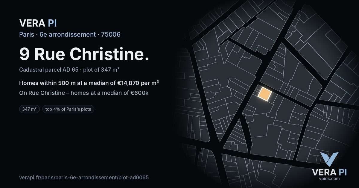 9 Rue Christine, 6e arrondissement at night – the plot lit, the parcels around coloured by the prices near them
