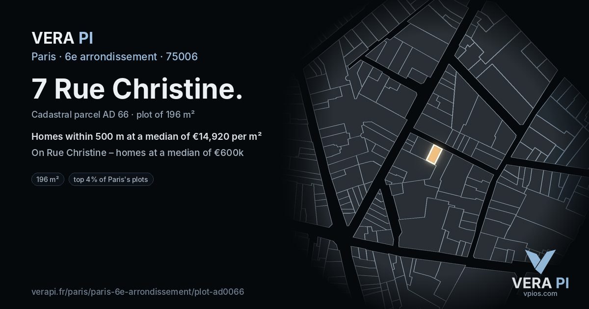 7 Rue Christine, 6e arrondissement at night – the plot lit, the parcels around coloured by the prices near them