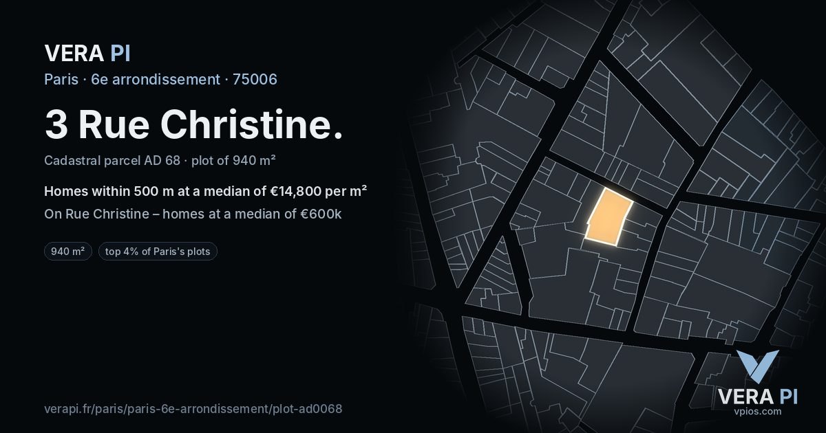3 Rue Christine, 6e arrondissement at night – the plot lit, the parcels around coloured by the prices near them