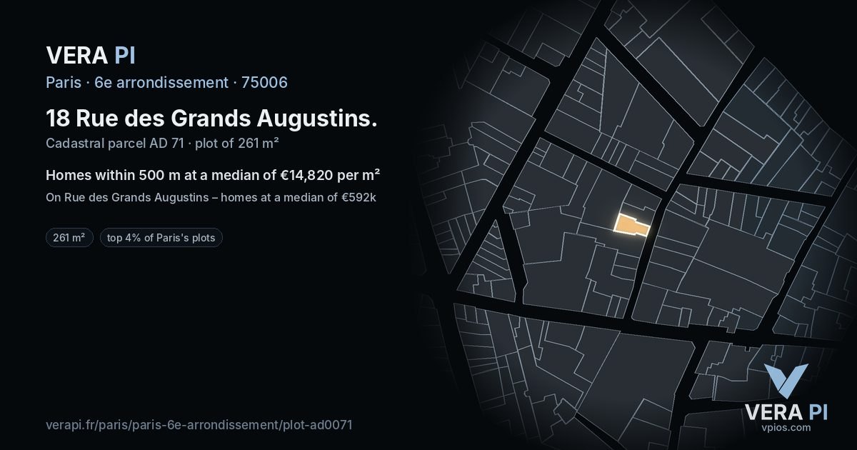 18 Rue des Grands Augustins, 6e arrondissement at night – the plot lit, the parcels around coloured by the prices near them