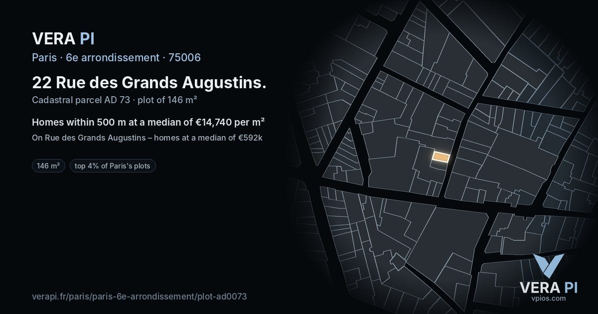 22 Rue des Grands Augustins, 6e arrondissement at night – the plot lit, the parcels around coloured by the prices near them