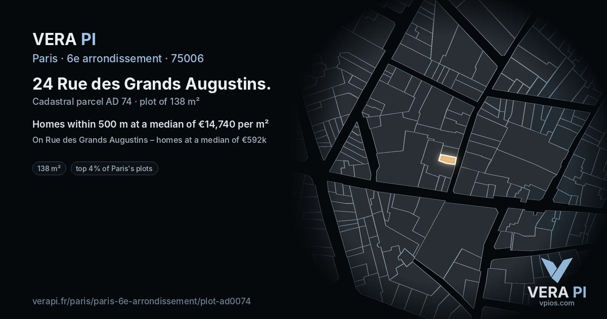 24 Rue des Grands Augustins, 6e arrondissement at night – the plot lit, the parcels around coloured by the prices near them