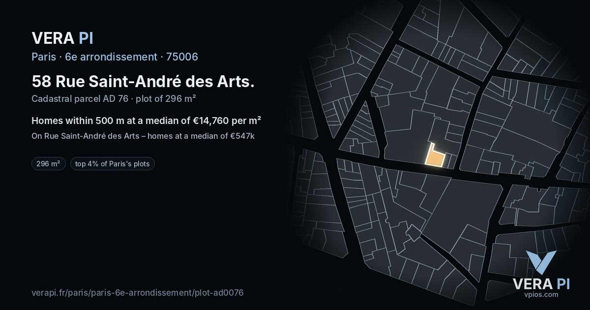58 Rue Saint-André des Arts, 6e arrondissement at night – the plot lit, the parcels around coloured by the prices near them