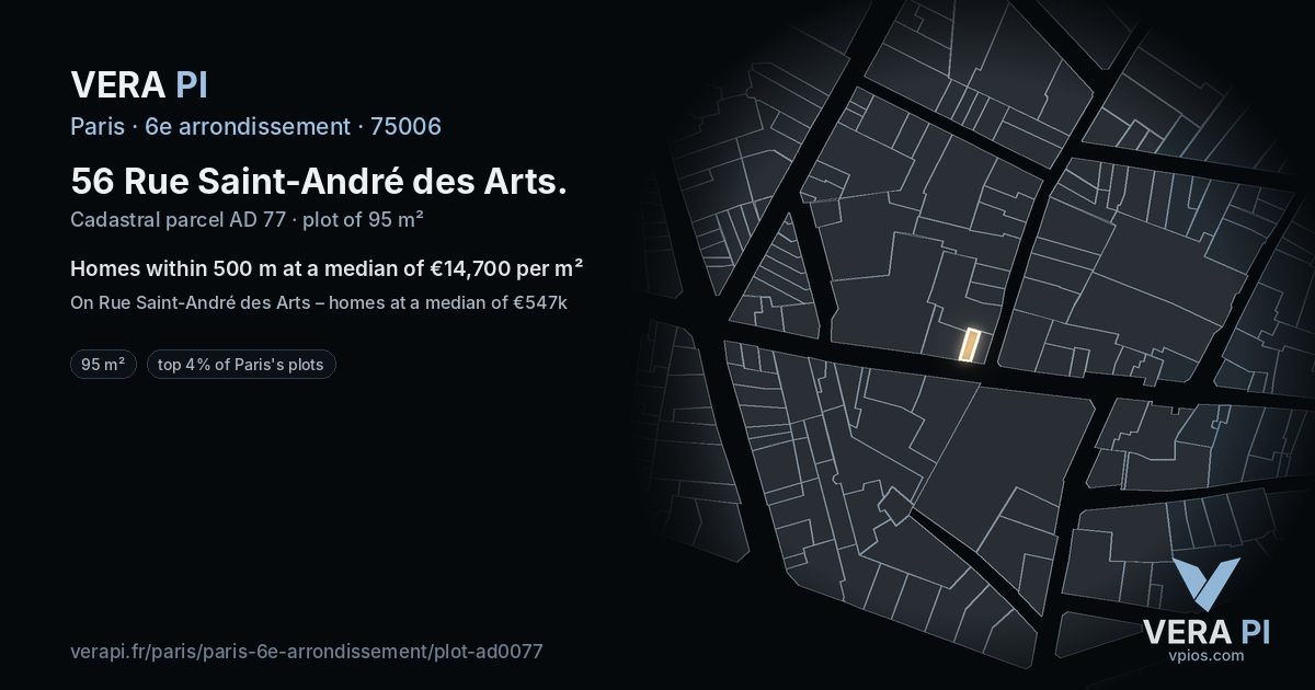 56 Rue Saint-André des Arts, 6e arrondissement at night – the plot lit, the parcels around coloured by the prices near them