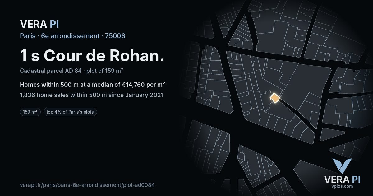 1 s Cour de Rohan, 6e arrondissement at night – the plot lit, the parcels around coloured by the prices near them