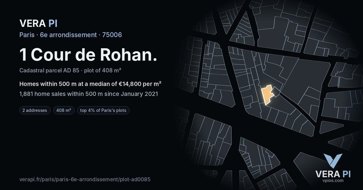 1 Cour de Rohan, 6e arrondissement at night – the plot lit, the parcels around coloured by the prices near them