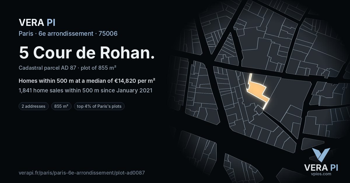 5 Cour de Rohan, 6e arrondissement at night – the plot lit, the parcels around coloured by the prices near them