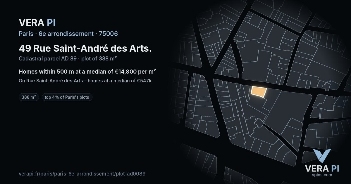 49 Rue Saint-André des Arts, 6e arrondissement at night – the plot lit, the parcels around coloured by the prices near them