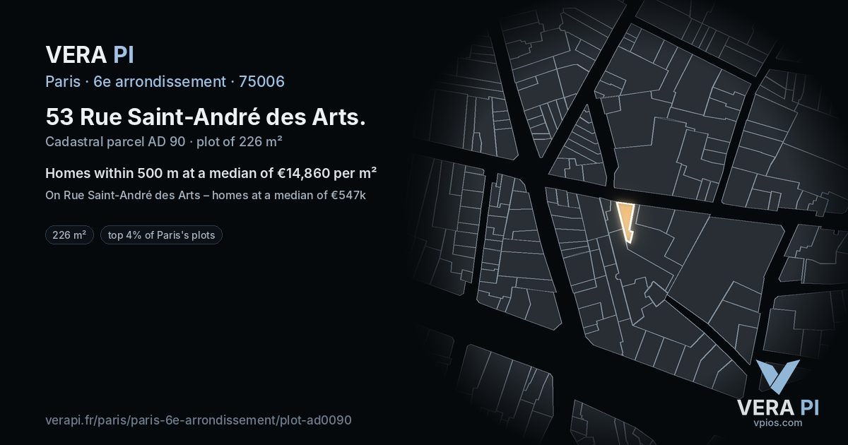 53 Rue Saint-André des Arts, 6e arrondissement at night – the plot lit, the parcels around coloured by the prices near them