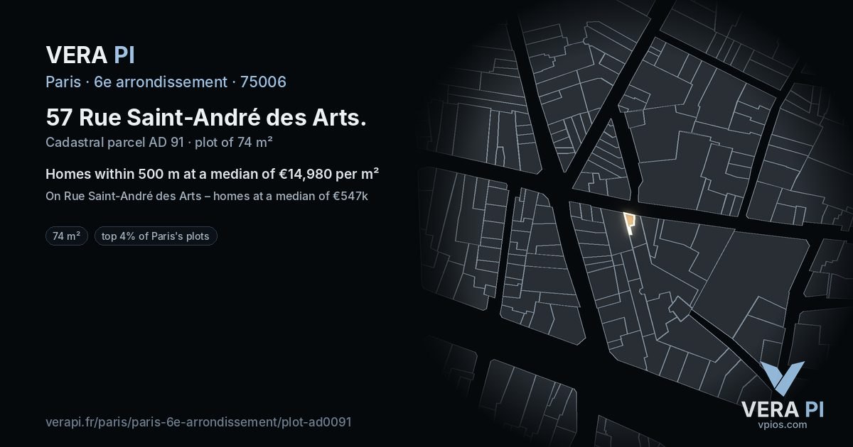 57 Rue Saint-André des Arts, 6e arrondissement at night – the plot lit, the parcels around coloured by the prices near them