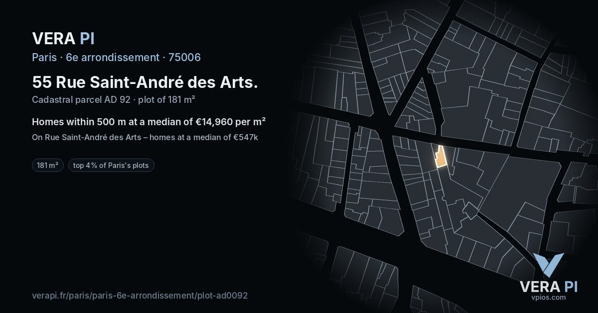 55 Rue Saint-André des Arts, 6e arrondissement at night – the plot lit, the parcels around coloured by the prices near them