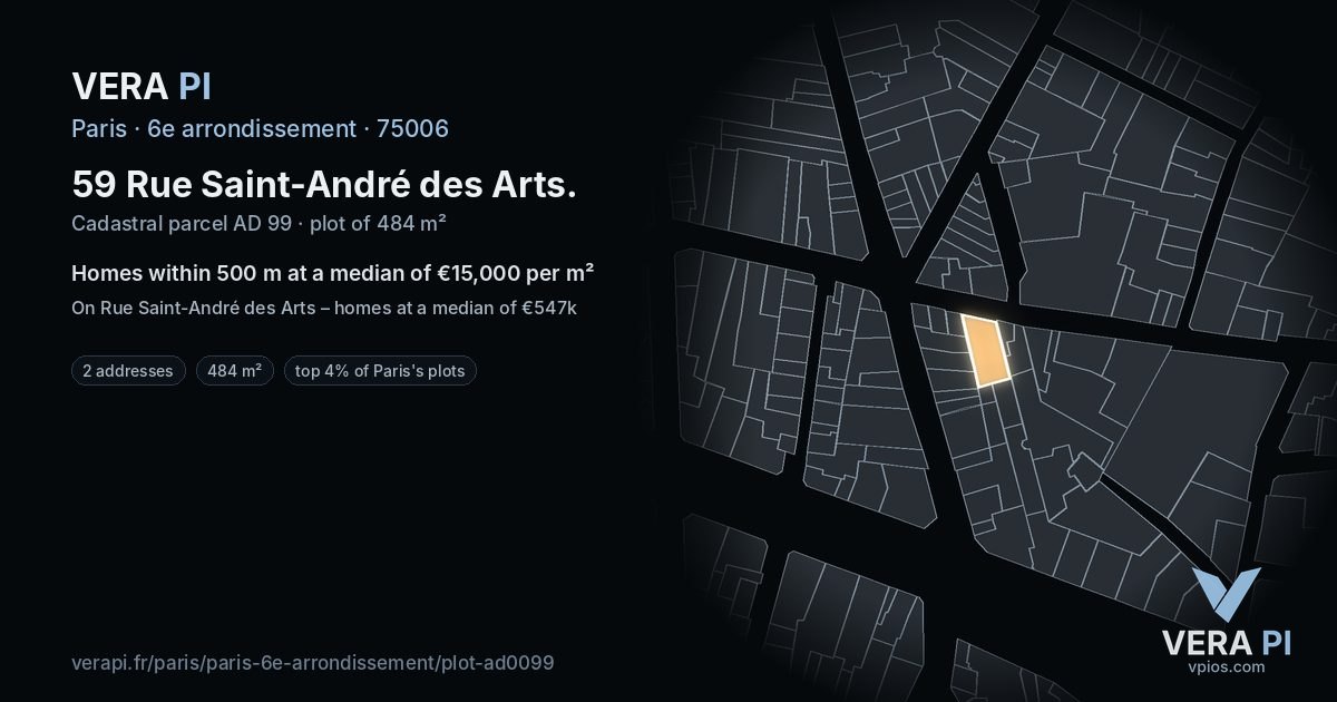 59 Rue Saint-André des Arts, 6e arrondissement at night – the plot lit, the parcels around coloured by the prices near them