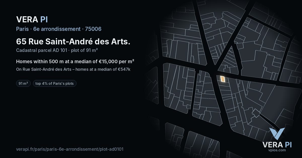 65 Rue Saint-André des Arts, 6e arrondissement at night – the plot lit, the parcels around coloured by the prices near them