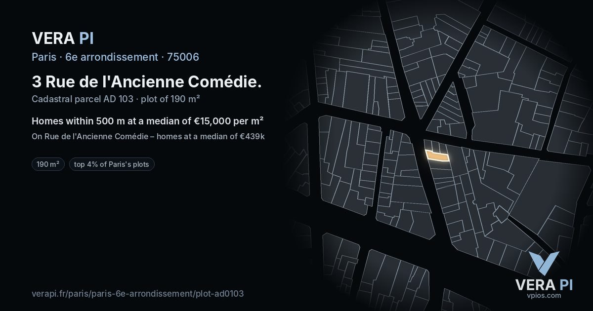 3 Rue de l'Ancienne Comédie, 6e arrondissement at night – the plot lit, the parcels around coloured by the prices near them