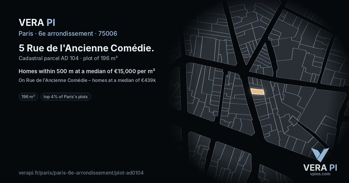 5 Rue de l'Ancienne Comédie, 6e arrondissement at night – the plot lit, the parcels around coloured by the prices near them