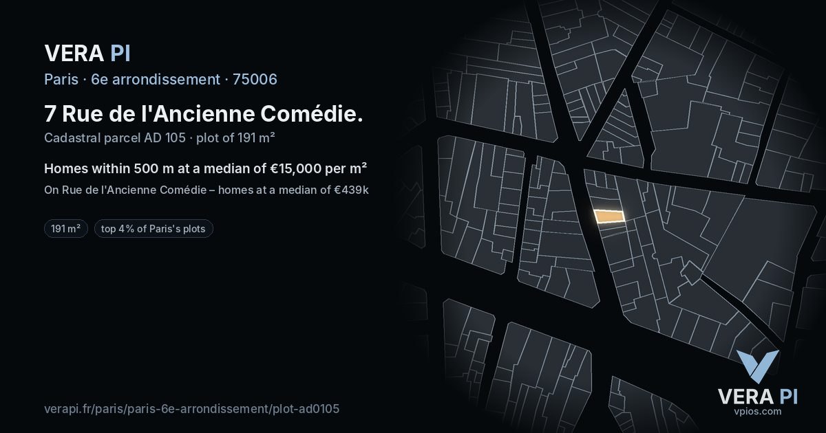 7 Rue de l'Ancienne Comédie, 6e arrondissement at night – the plot lit, the parcels around coloured by the prices near them