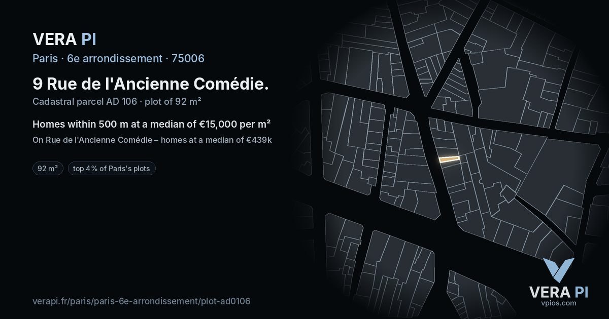 9 Rue de l'Ancienne Comédie, 6e arrondissement at night – the plot lit, the parcels around coloured by the prices near them