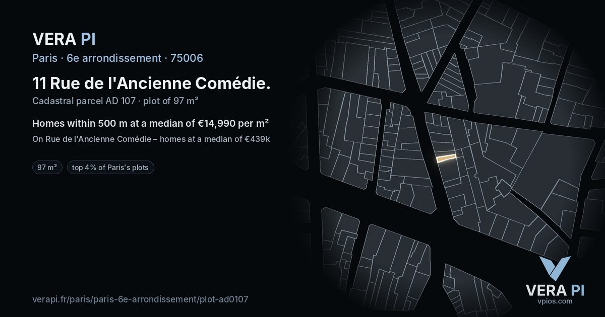 11 Rue de l'Ancienne Comédie, 6e arrondissement at night – the plot lit, the parcels around coloured by the prices near them