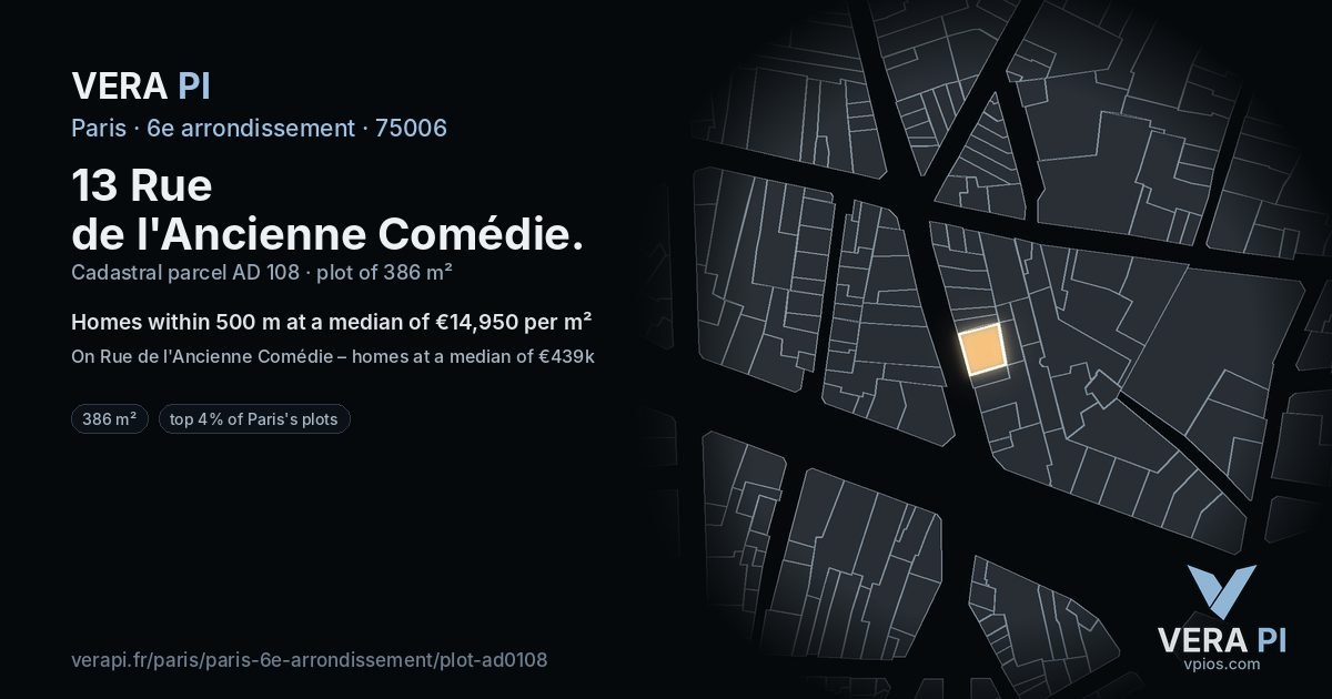 13 Rue de l'Ancienne Comédie, 6e arrondissement at night – the plot lit, the parcels around coloured by the prices near them