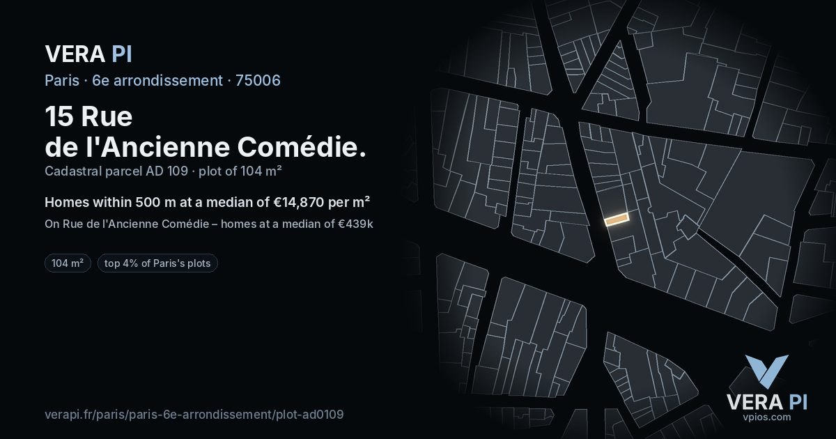 15 Rue de l'Ancienne Comédie, 6e arrondissement at night – the plot lit, the parcels around coloured by the prices near them